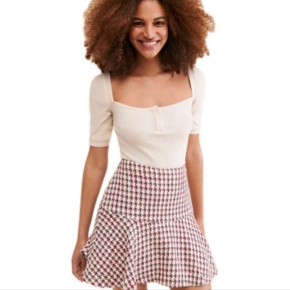 MAEVE Anthropologie SKIRT 2 Tweed HOUNDSTOOTH Pink Flared Academia Preppy